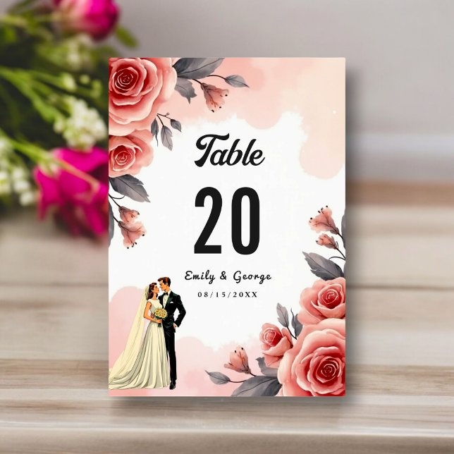 Numéro De Table Aquarelle rose pâle Floral Bride & Mariage de cham (Créateur téléchargé)
