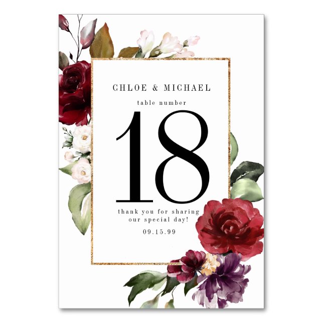 Numéro De Table Aquarelle rouge de Bourgogne Mariage floral (Par défaut)