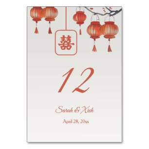 Numéro De Table Aquarelle rouge lanternes Mariage chinois