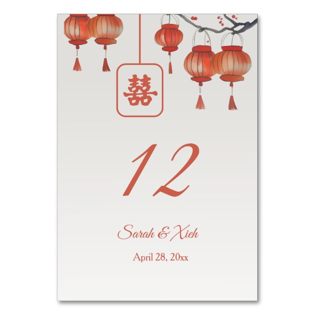 Numéro De Table Aquarelle rouge lanternes Mariage chinois (Par défaut)