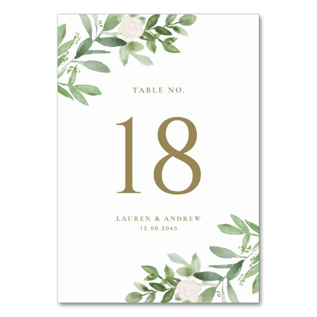 Numéro De Table Aquarelle Verdure et blanc Mariage Floral Or (Dos)