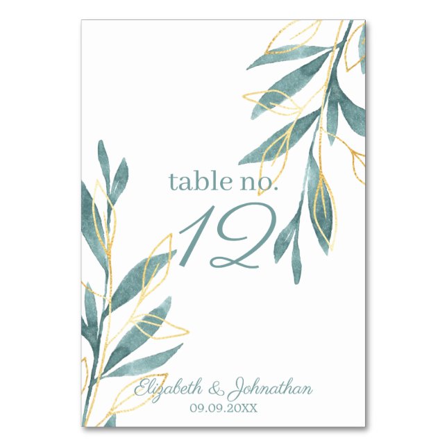Numéro De Table Aquarelle verte dorée Réception de mariage floral (Par défaut)