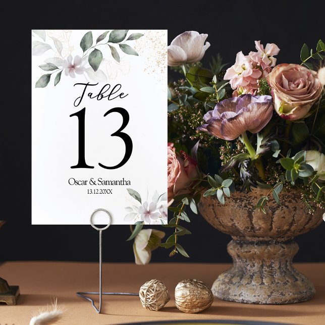 Numéro De Table Aquarelle verte douce Feuille et fleur | Or (Créateur téléchargé)