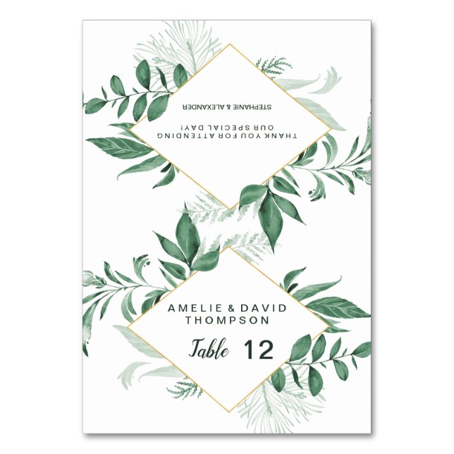 Numéro De Table Aquarelle Wild Feuilles Hunter Mariage vert (Par défaut)