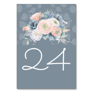 Numéro De Table Aquarelles florales bleu ardoise et Rose poussiére