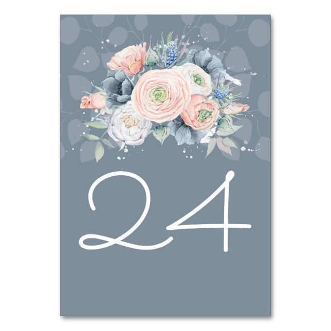 Numéro De Table Aquarelles florales bleu ardoise et Rose poussiére (Par défaut)