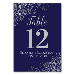 Numéro De Table Argent sur bleu marine Élégant Mariage de frilly