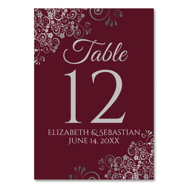 Numéro De Table Argent sur Bourgogne Elegant Mariage de Filigree (Par défaut)