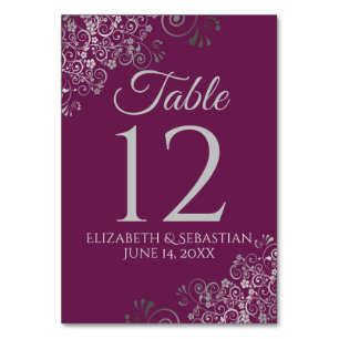Numéro De Table Argent sur Cassis Purple Élégant Mariage de Filigr