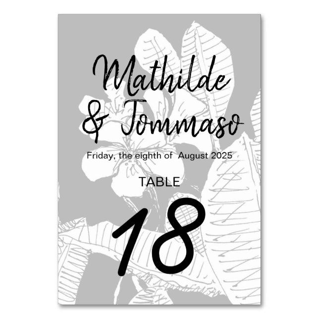 Numéro De Table B&W Frangipani Bohême Botanique Moderne Filiale (Dos)
