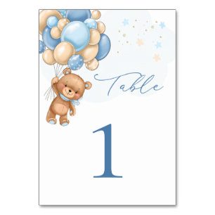 Numéro De Table Baby shower Ballons Bleus Ours Teddy