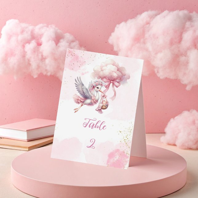 Numéro De Table Baby shower de cigogne - Nuages roses et éclat d'o (Créateur téléchargé)