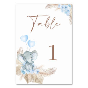 Numéro De Table Baby shower d'éléphant Floral Boho bleu