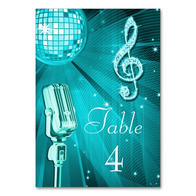 Numéro De Table Balle Disco turquoise et microphone rétro (Dos)
