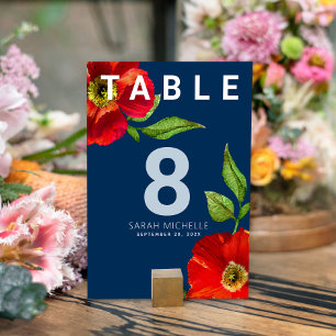 Numéro De Table Bat mitzvah Marine Bleu Rouge Floral Aquarelle mod