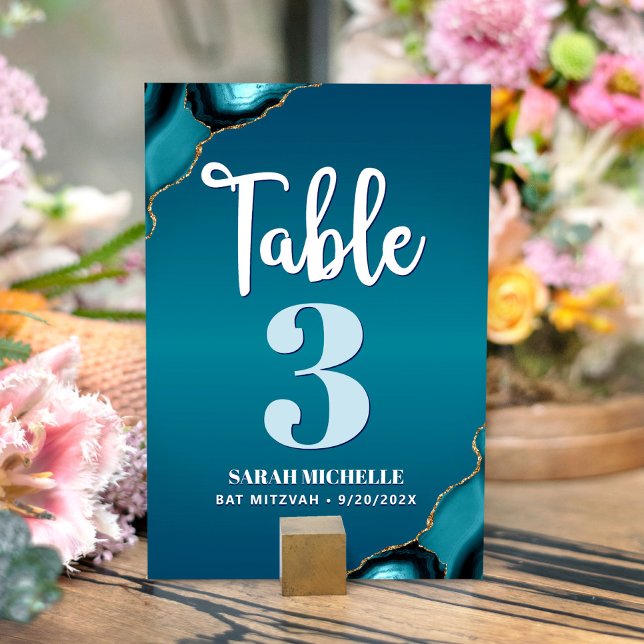 Numéro De Table Bat mitzvah Turquoise Ombre Agate Script moderne (Créateur téléchargé)