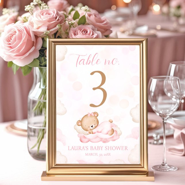 Numéro De Table Bear Pink Girl Baby shower Numéro de tableau Signa (Bear Pink Girl Baby Shower Table Number Sign)