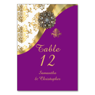 Numéro De Table Blanc, violet et or vintage mariage damassé