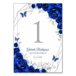 Numéro De Table Bleu Royal Argent Floral Quinceanera