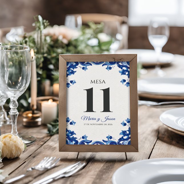 Numéro De Table Blue Floral Elegant Fiesta Spanish Wedding (Blue Floral Elegant Fiesta Spanish Wedding Table Number)