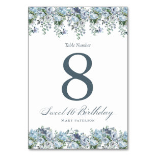 Numéro De Table Blue Floral Sweet 16 Anniversaire