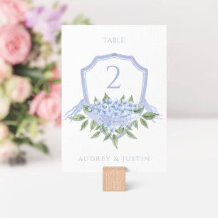 Numéro De Table Blue Hydrangea Elegant Aquarelle Mariage Crest