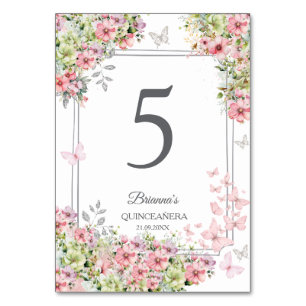 Numéro De Table Blush Floral Rose et Papillon Vert Quinceañera