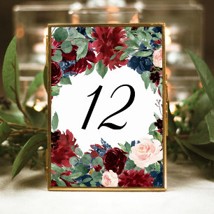 Numéro De Table Boho Bloom   Burgundy Red et Navy Blue Frame