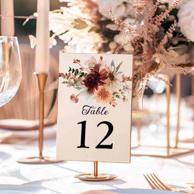 Numéro De Table Boho Burgundy Floral Mariage (Boho Fall Wedding Table Numbers)