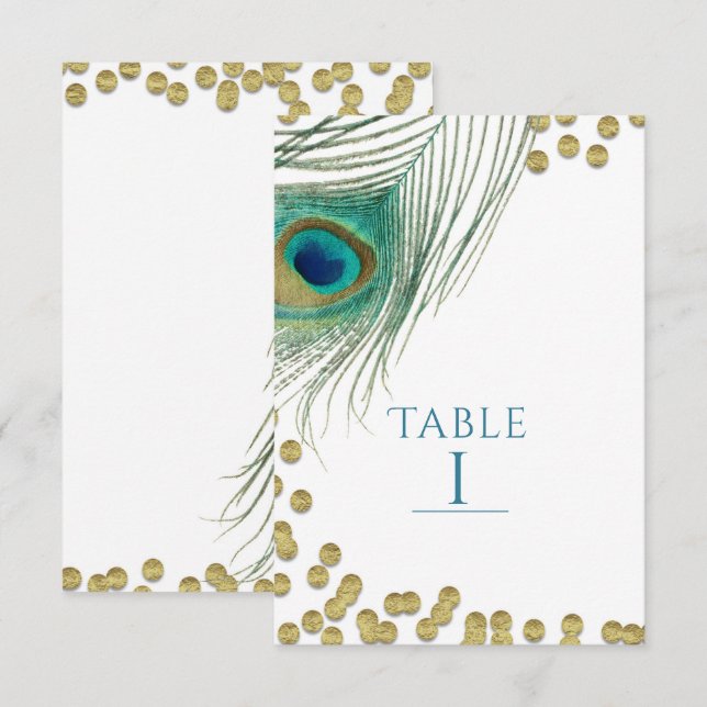 Numéro de table Boho Glam or et plumes de paon (Devant / Derrière)