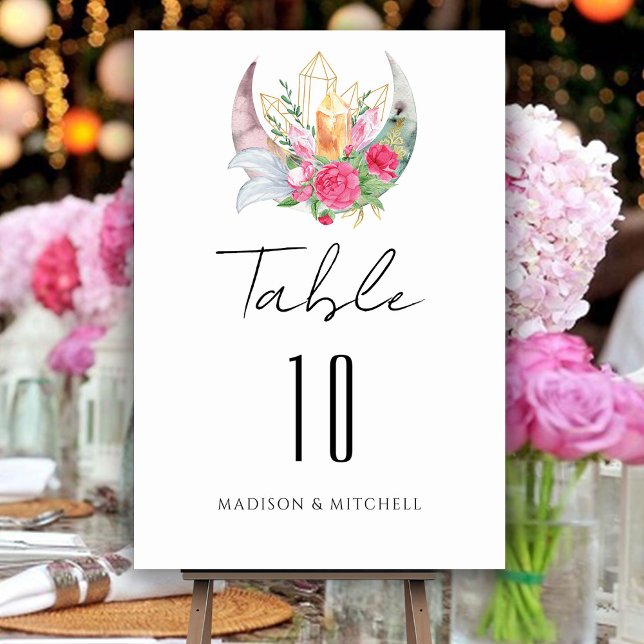 Numéro De Table Boho Moon Crystals Plumes rose Fleurs Mariage (Créateur téléchargé)