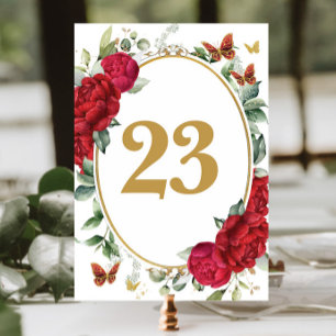 Numéro De Table Boho Red Peonies Floral Gold Butterflies Anniversa