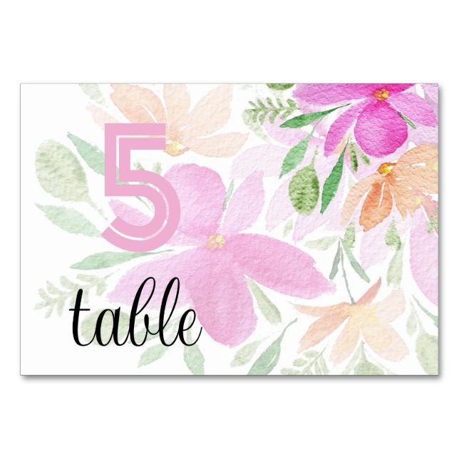 Numéro De Table Boho rose Floral Aquarelle moderne (Devant)