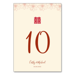 Numéro De Table Boho rouge beige floral chinois mariage double xi