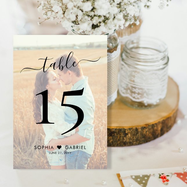 Numéro De Table Boho Script Heart Photo Mariage double face (Créateur téléchargé)