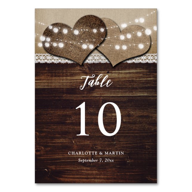 Numéro De Table Bois rustique Burlap dentelle lights Mariage de gr (Par défaut)
