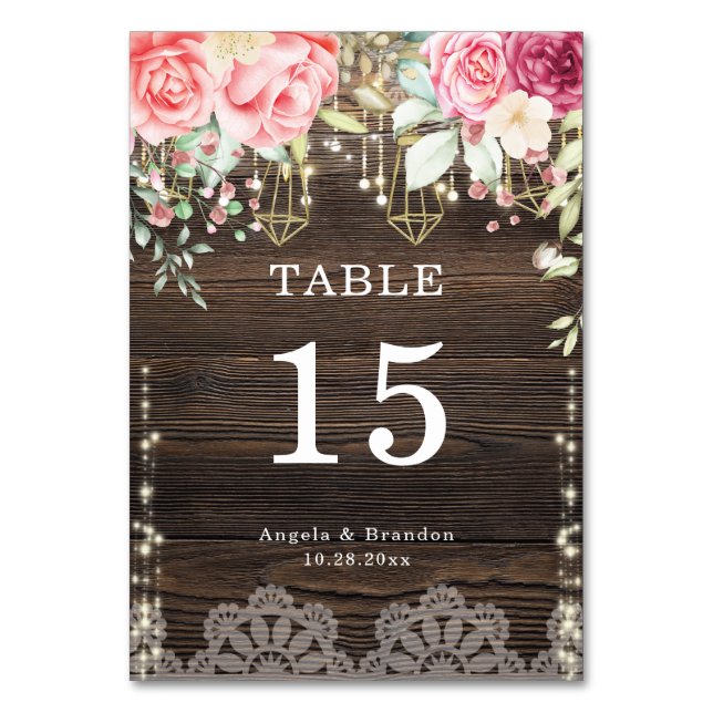 Numéro De Table Bois rustique Floral String lumières Mariage (Par défaut)