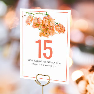 Numéro De Table Bougainvilliers papier fleur corail orange mariage