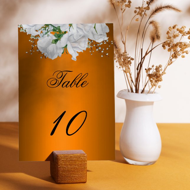 Numéro De Table Bouquet de Rose blanche sur Mariage orange brûlé (Créateur téléchargé)