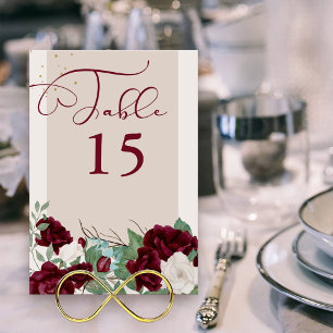 Numéro De Table Bourgogne rouge et ivoire Rose élégant floral