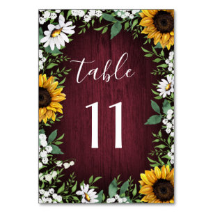 Numéro De Table Bourgogne Rouge Tournesol vert Mariage de couronne