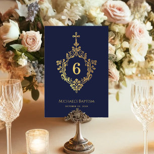 Numéro De Table Boy Baptism Marine Blue Faux Gold Cross sur Crest