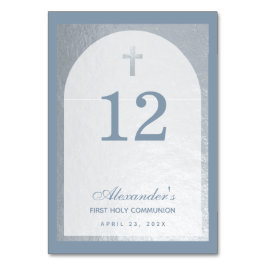 Numéro De Table Boy First Communion Dusty Blue Faux Silver Cross