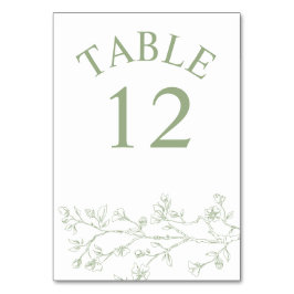 Numéro De Table Branche avec fleurs vert sauge mariage monochrome