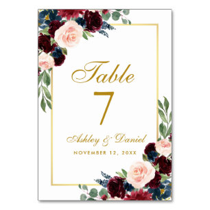 Numéro De Table Burgundy Bleu Aquarelle Floral Mariage Or