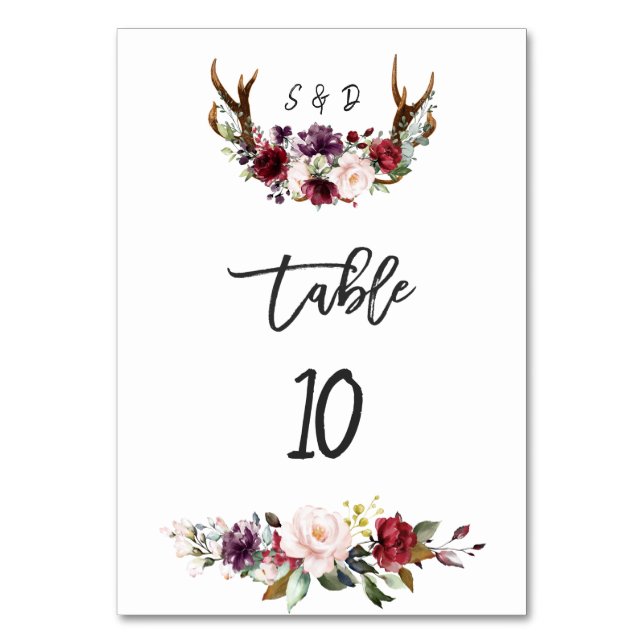Numéro De Table Burgundy Blush Floral Antlers Mariage Numéro de ta (Par défaut)