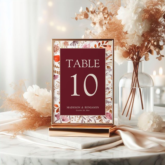 Numéro De Table Burgundy Fall Rustique Boho Floral Fleurs sauvages (Créateur téléchargé)