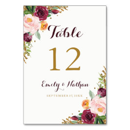 Numéro De Table Burgundy Gold Floral Parties scintillant Tableau N