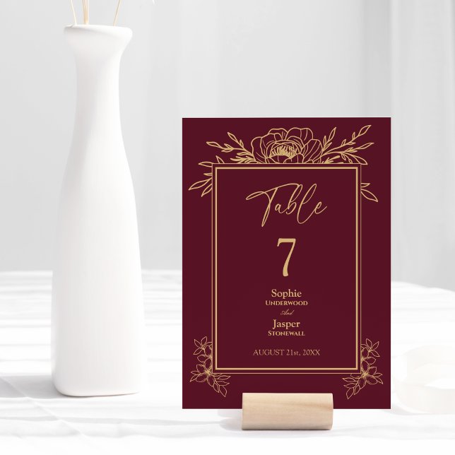 Numéro De Table Burgundy Gold Floral Simple Mariage Numéro de tabl (Créateur téléchargé)