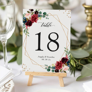 Numéro De Table Burgundy Navy Blue Floral Gold Mariage géométrique